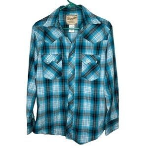 Wrangler Western Fashion Snap Button Long Sleeve Shirt Blue & Black Plaid Medium